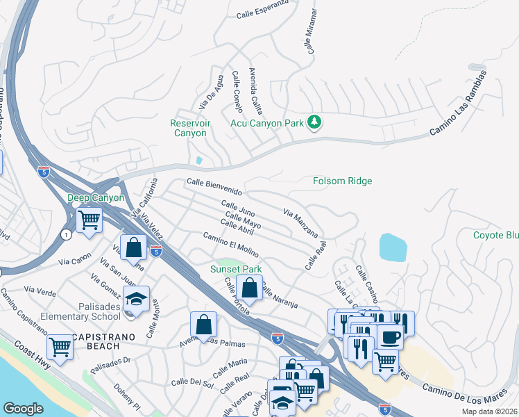 map of restaurants, bars, coffee shops, grocery stores, and more near 4013 Via Manzana in San Clemente