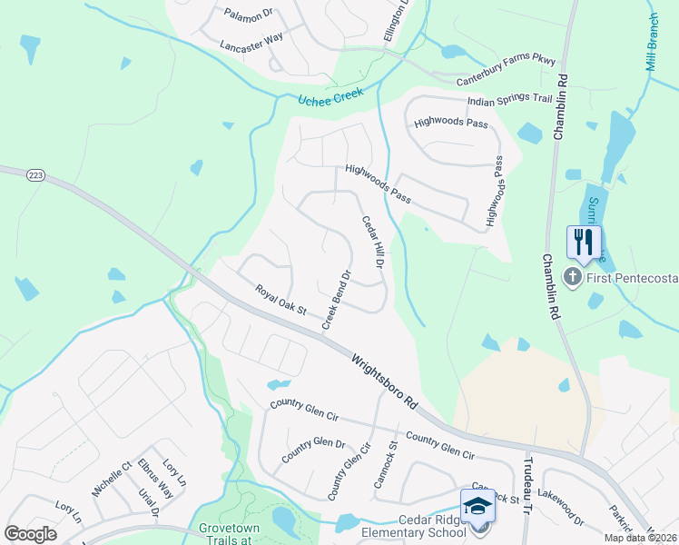 map of restaurants, bars, coffee shops, grocery stores, and more near 1219 Creek Bend Drive in Grovetown