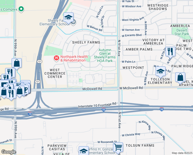 map of restaurants, bars, coffee shops, grocery stores, and more near 9330 West McDowell Road in Phoenix