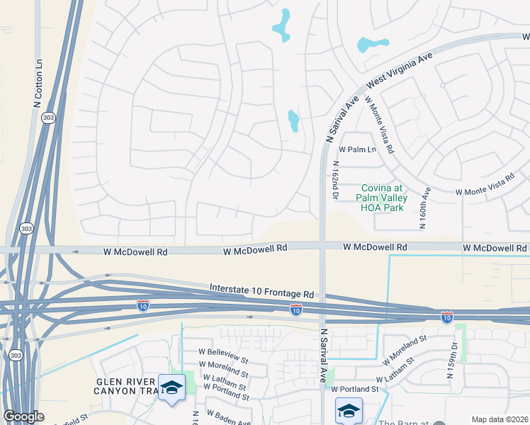 map of restaurants, bars, coffee shops, grocery stores, and more near 16442 West Berkeley Road in Goodyear