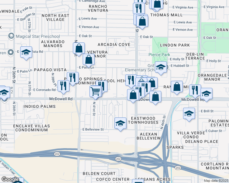 map of restaurants, bars, coffee shops, grocery stores, and more near 1626 North 43rd Street in Phoenix