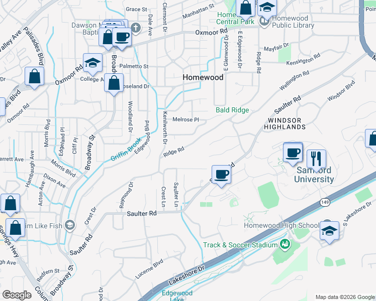 map of restaurants, bars, coffee shops, grocery stores, and more near 1501 Ridge Road in Birmingham