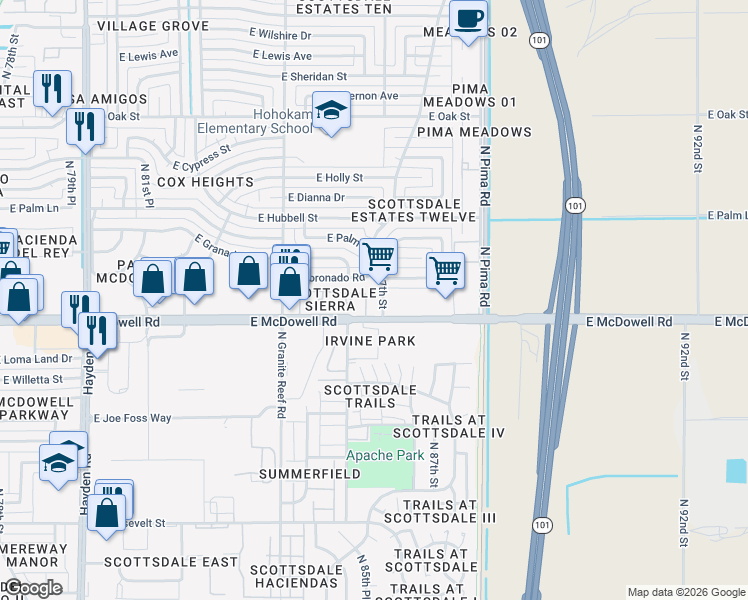 map of restaurants, bars, coffee shops, grocery stores, and more near 8550 East McDowell Road in Scottsdale