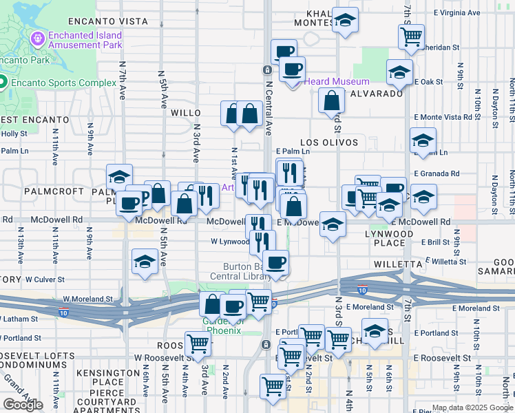 map of restaurants, bars, coffee shops, grocery stores, and more near 1616 North Central Avenue in Phoenix