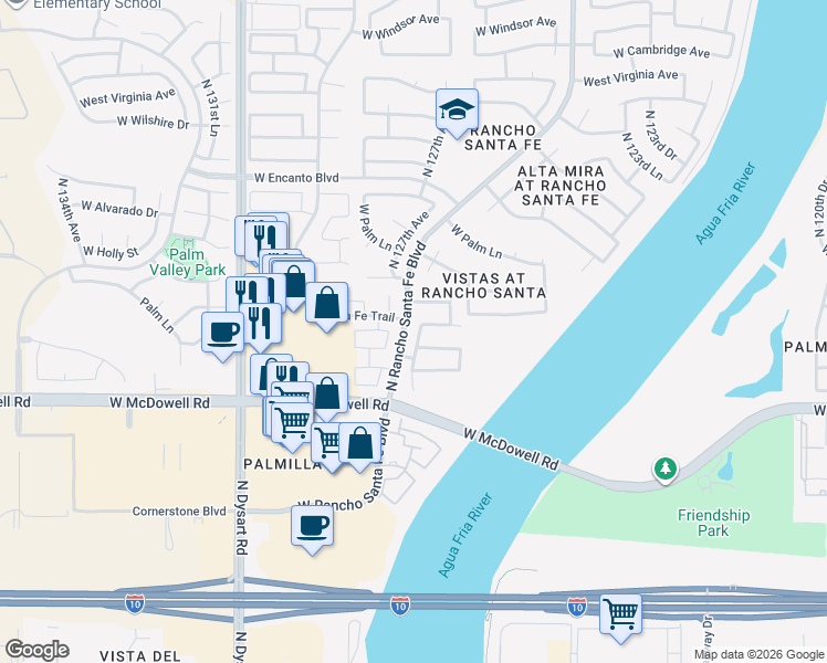 map of restaurants, bars, coffee shops, grocery stores, and more near 1721 North 127th Avenue in Avondale