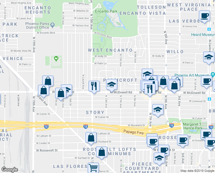 map of restaurants, bars, coffee shops, grocery stores, and more near 1604 Palmcroft Way Northwest in Phoenix