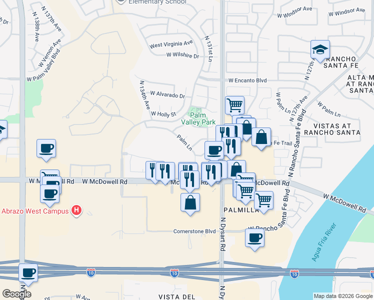 map of restaurants, bars, coffee shops, grocery stores, and more near 13237 West Palm Lane in Goodyear