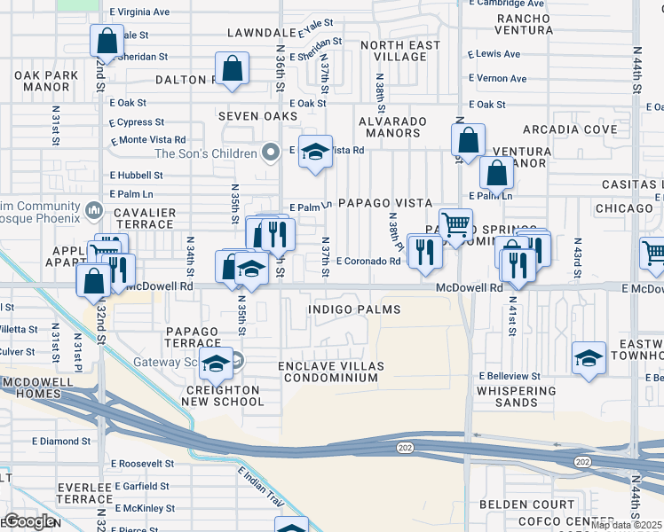 map of restaurants, bars, coffee shops, grocery stores, and more near 3701 East Coronado Road in Phoenix