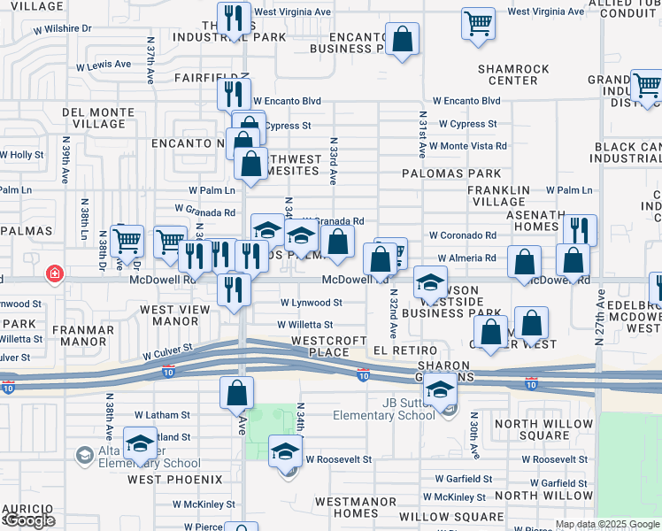 map of restaurants, bars, coffee shops, grocery stores, and more near 3332 West McDowell Road in Phoenix