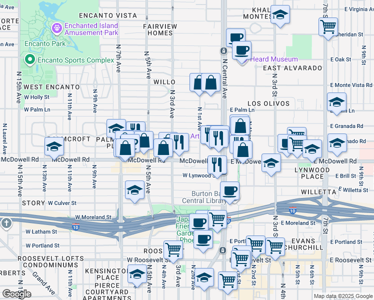 map of restaurants, bars, coffee shops, grocery stores, and more near 119 West Almeria Road in Phoenix