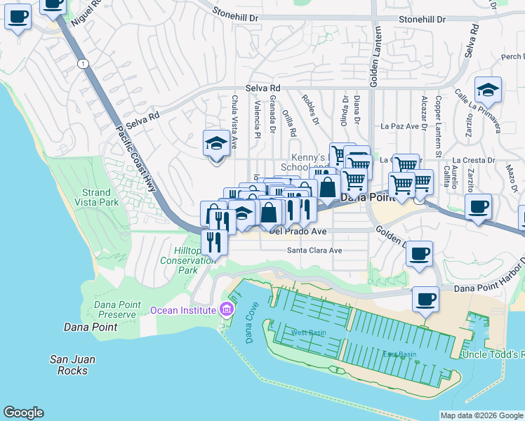 map of restaurants, bars, coffee shops, grocery stores, and more near 34182 Ruby Lantern Street in Dana Point