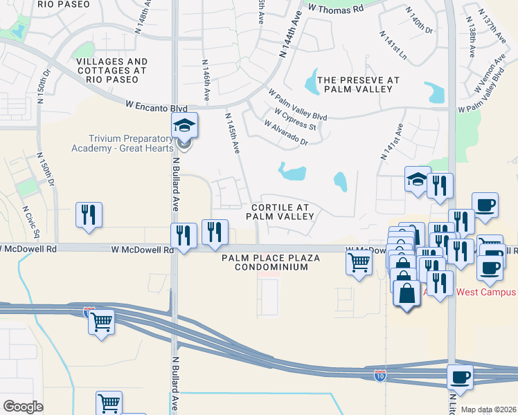 map of restaurants, bars, coffee shops, grocery stores, and more near 14480 West Desert Flower Drive in Goodyear