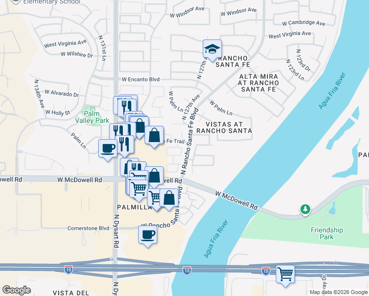 map of restaurants, bars, coffee shops, grocery stores, and more near 1721 North 127th Avenue in Avondale