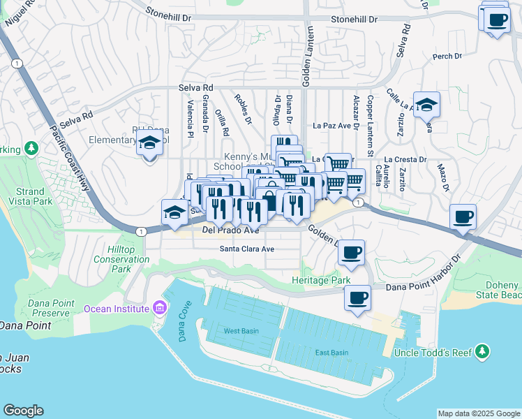 map of restaurants, bars, coffee shops, grocery stores, and more near 34155 Pacific Coast Highway in Dana Point