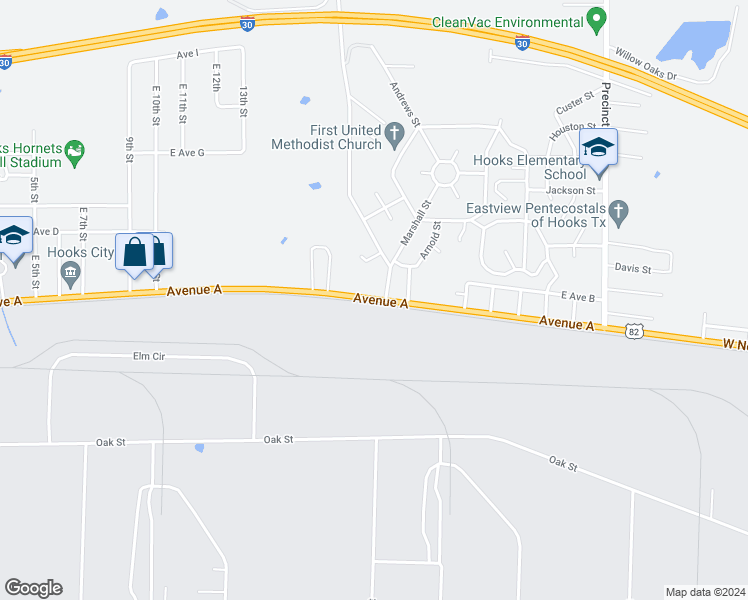 map of restaurants, bars, coffee shops, grocery stores, and more near 1304 Ave A in Hooks