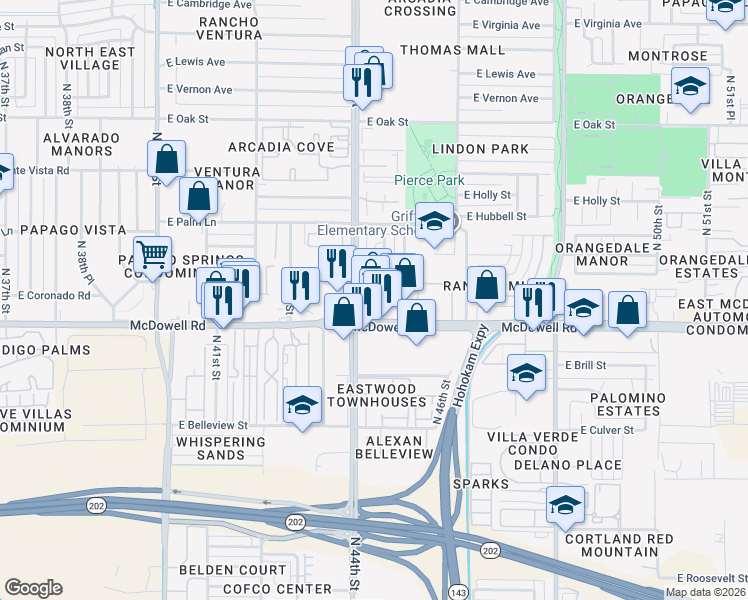 map of restaurants, bars, coffee shops, grocery stores, and more near 4430 East McDowell Road in Phoenix