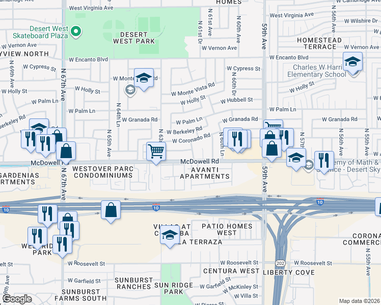 map of restaurants, bars, coffee shops, grocery stores, and more near 6201 West Almeria Road in Phoenix