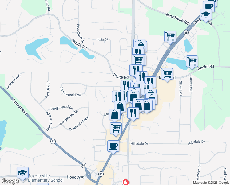 map of restaurants, bars, coffee shops, grocery stores, and more near 123 Glenleigh Court in Fayetteville