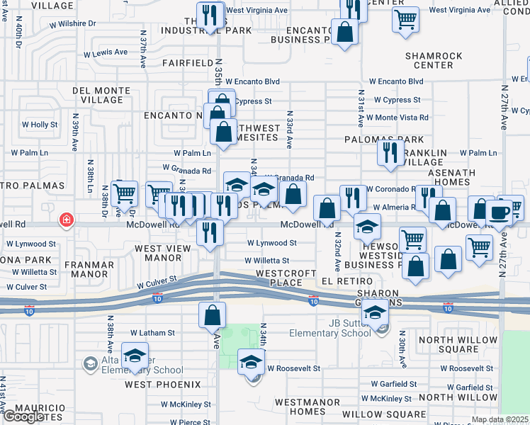 map of restaurants, bars, coffee shops, grocery stores, and more near 3348 West McDowell Road in Phoenix