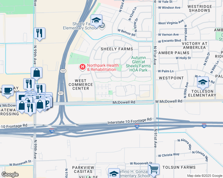 map of restaurants, bars, coffee shops, grocery stores, and more near 1789 North 94th Avenue in Phoenix