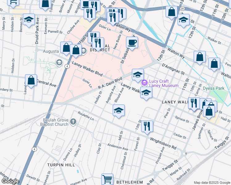 map of restaurants, bars, coffee shops, grocery stores, and more near 1252 Augusta Court in Augusta