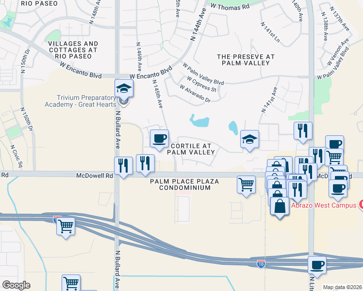 map of restaurants, bars, coffee shops, grocery stores, and more near 14480 W Desert Flower Dr in Goodyear