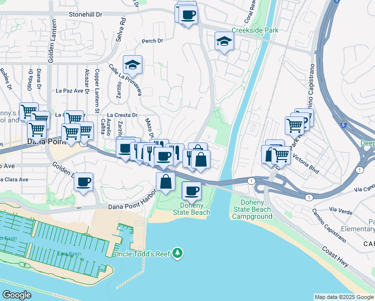 map of restaurants, bars, coffee shops, grocery stores, and more near 2869 Doheny Way in Dana Point
