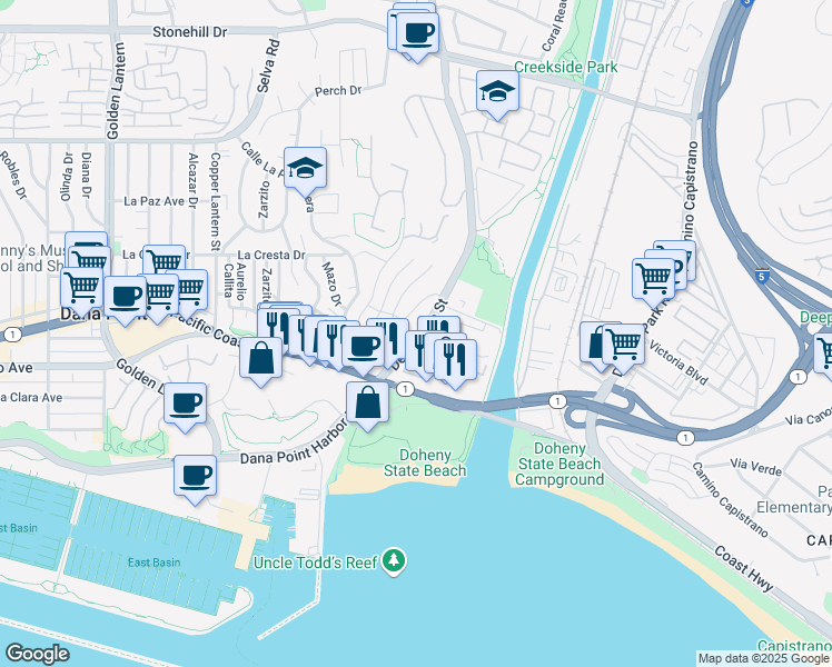 map of restaurants, bars, coffee shops, grocery stores, and more near 325 Doheny Way in Dana Point