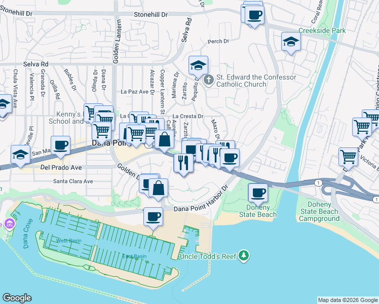 map of restaurants, bars, coffee shops, grocery stores, and more near 25152 Ocean Knoll in Dana Point