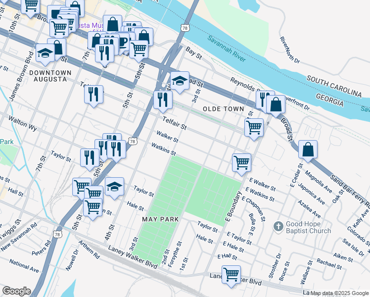 map of restaurants, bars, coffee shops, grocery stores, and more near 246 Walker Street in Augusta