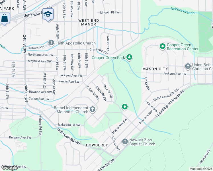 map of restaurants, bars, coffee shops, grocery stores, and more near 216 Flora Street Southwest in Birmingham