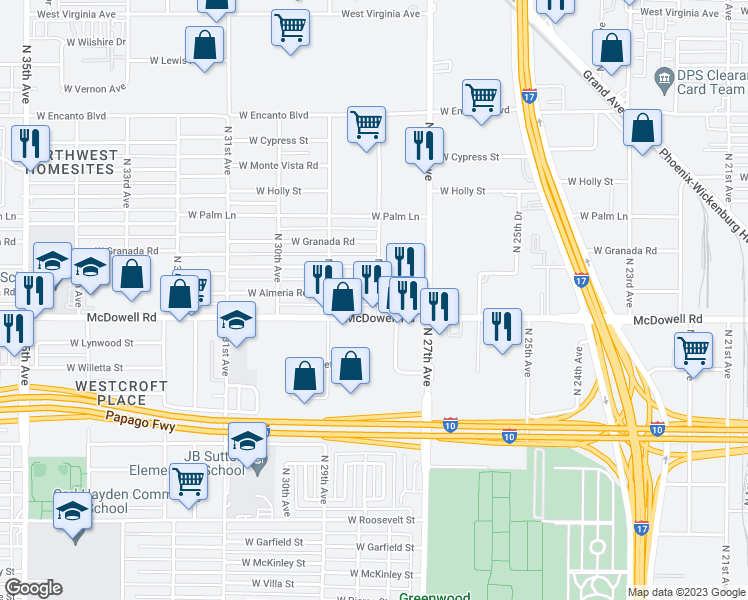 map of restaurants, bars, coffee shops, grocery stores, and more near 2801 West Almeria Road in Phoenix