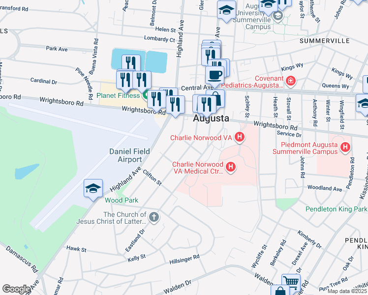 map of restaurants, bars, coffee shops, grocery stores, and more near 1805 Pennsylvania Avenue in Augusta