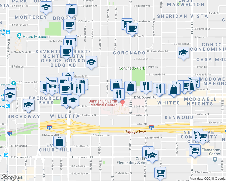 map of restaurants, bars, coffee shops, grocery stores, and more near 1622 North 11th Street in Phoenix