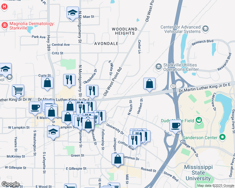 map of restaurants, bars, coffee shops, grocery stores, and more near 200 Hillside Drive in Starkville