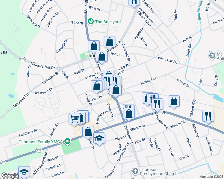 map of restaurants, bars, coffee shops, grocery stores, and more near 110 Central Avenue in Thomson