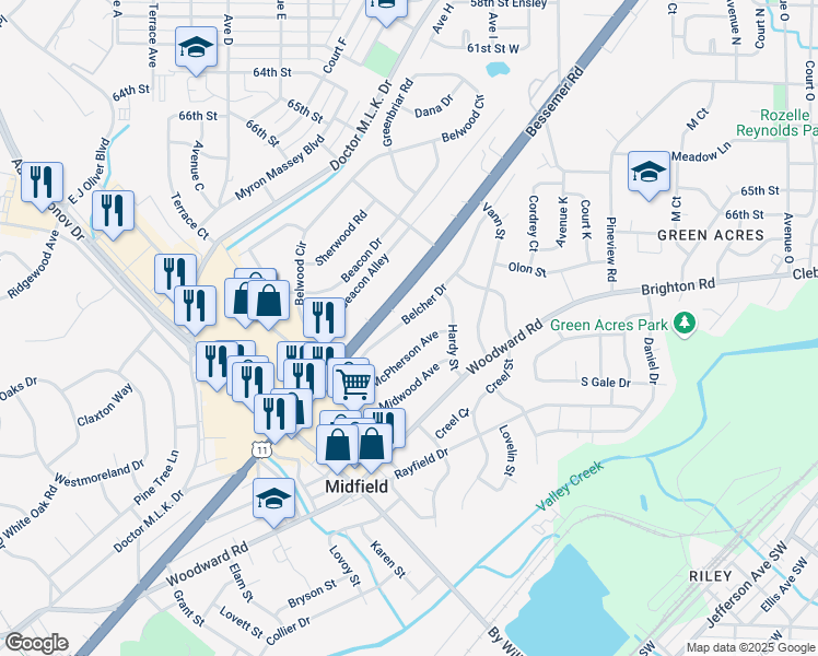 map of restaurants, bars, coffee shops, grocery stores, and more near 341 Belcher Drive in Midfield