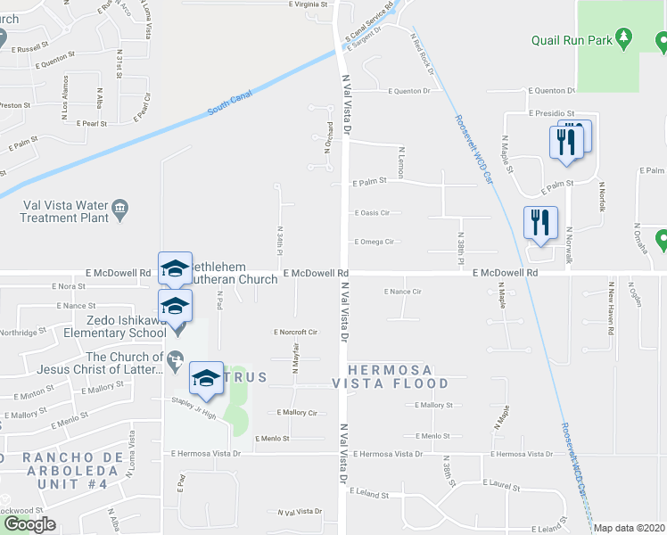 map of restaurants, bars, coffee shops, grocery stores, and more near 3558 East McDowell Road in Mesa