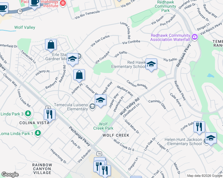map of restaurants, bars, coffee shops, grocery stores, and more near 45539 Hawk Court in Temecula