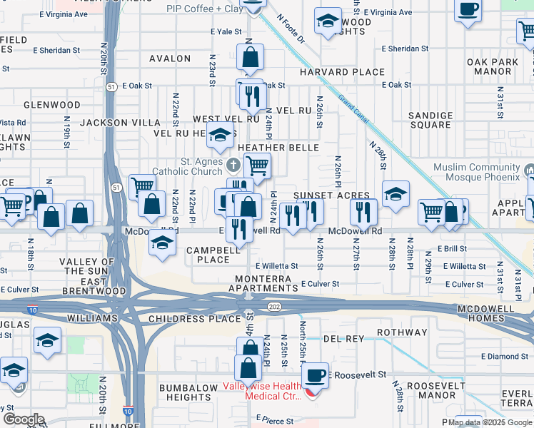 map of restaurants, bars, coffee shops, grocery stores, and more near 2424 East McDowell Road in Phoenix