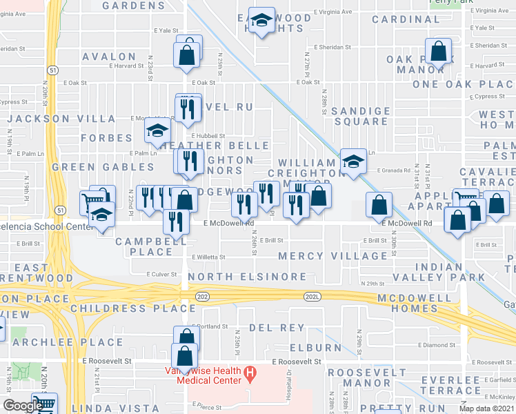 map of restaurants, bars, coffee shops, grocery stores, and more near 2608 East McDowell Road in Phoenix