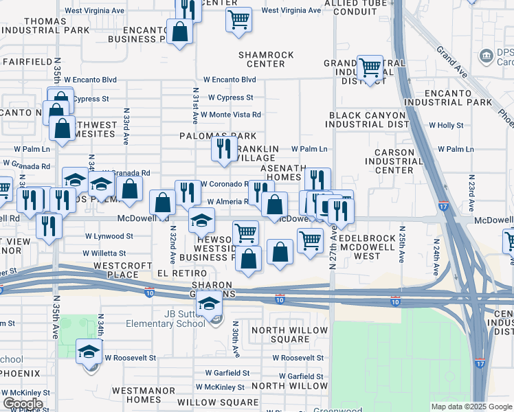 map of restaurants, bars, coffee shops, grocery stores, and more near 2911 West Almeria Road in Phoenix