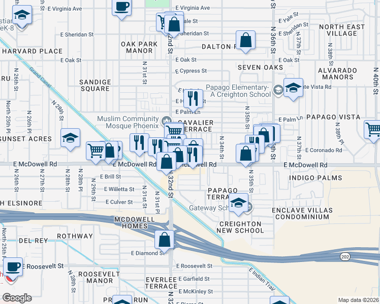 map of restaurants, bars, coffee shops, grocery stores, and more near 3241 East Almeria Road in Phoenix