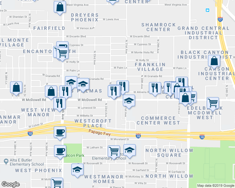 map of restaurants, bars, coffee shops, grocery stores, and more near 3115 West Almeria Road in Phoenix