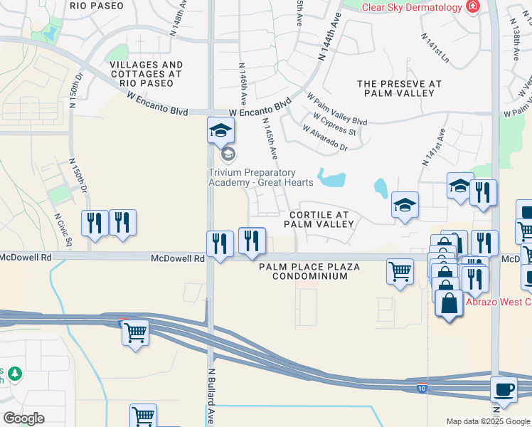 map of restaurants, bars, coffee shops, grocery stores, and more near 14540 West McDowell Road in Goodyear