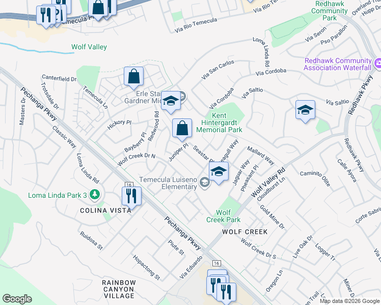 map of restaurants, bars, coffee shops, grocery stores, and more near 45545 Manatee Way in Temecula