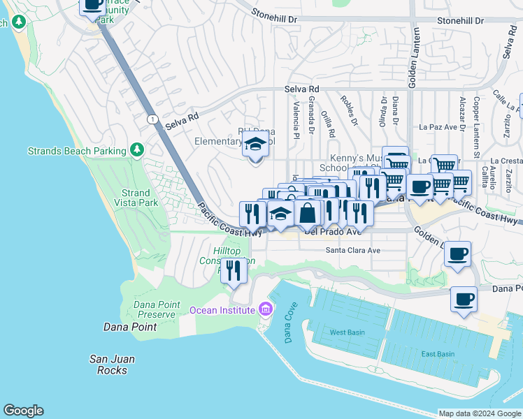 map of restaurants, bars, coffee shops, grocery stores, and more near 34185 Street of the Blue Lantern in Dana Point
