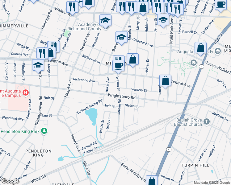 map of restaurants, bars, coffee shops, grocery stores, and more near 1802 Wilson Street in Augusta