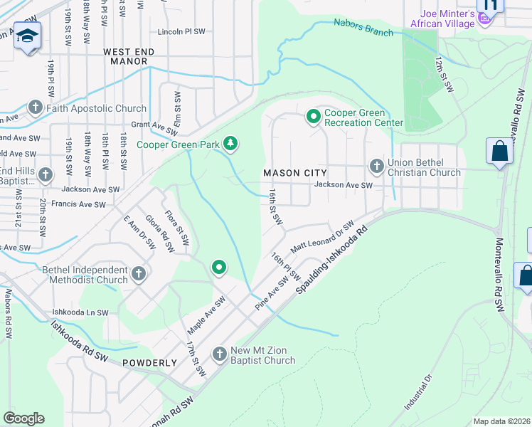 map of restaurants, bars, coffee shops, grocery stores, and more near 2108 16th Street Southwest in Birmingham