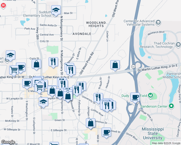 map of restaurants, bars, coffee shops, grocery stores, and more near 101-199 Hillside Drive in Starkville